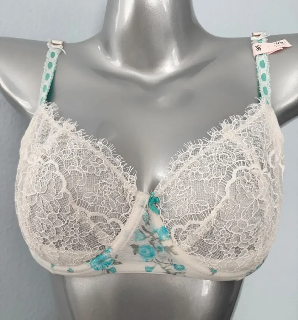 Victoria's Secret Bra Dream Angels Unlined Uplift White Blue Floral Nwt 36D
